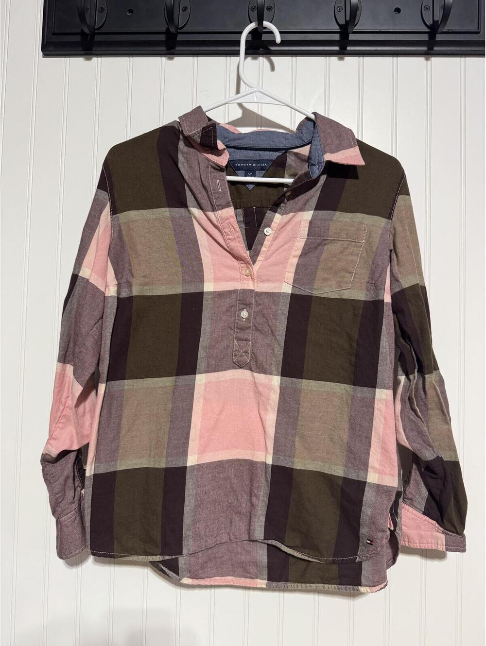 Tommy Hilfiger Plaid Popover Shirt Womens Small/P Pink Brown Roll Tab Button Up